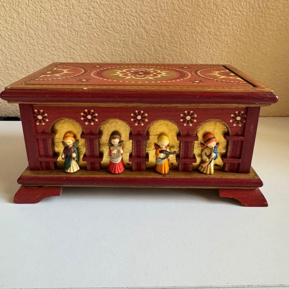 Vintage ANRI Wood Carved Music Box Reuge Swiss Movement Angel theme 1970's Italy